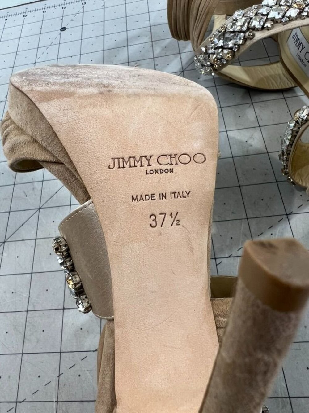 Jimmy Choo Beige Suede Crystal Embellished Strappy High Heels Zip Sz. 37.5 EU - Picture 5 of 11